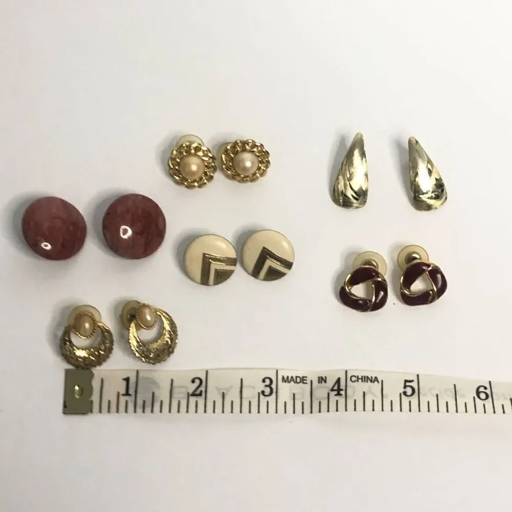 80s 90s red gold white round triangle classic‎ lot of 6 earrings pierced grandma